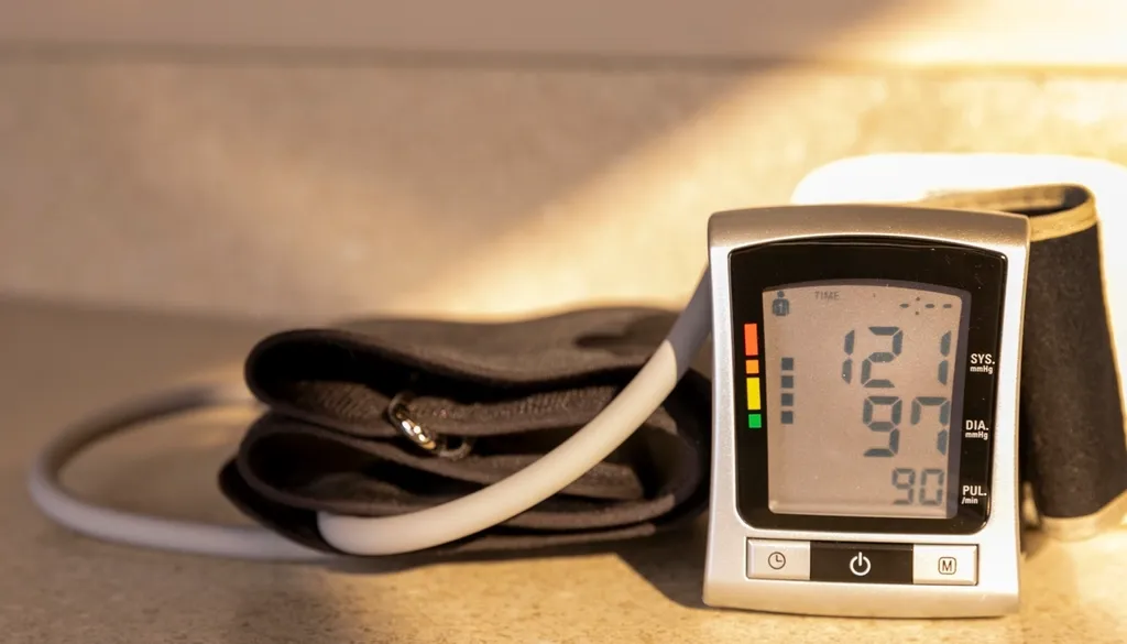 A digital wrist blood pressure monitor showing a reading next to its folded cuff