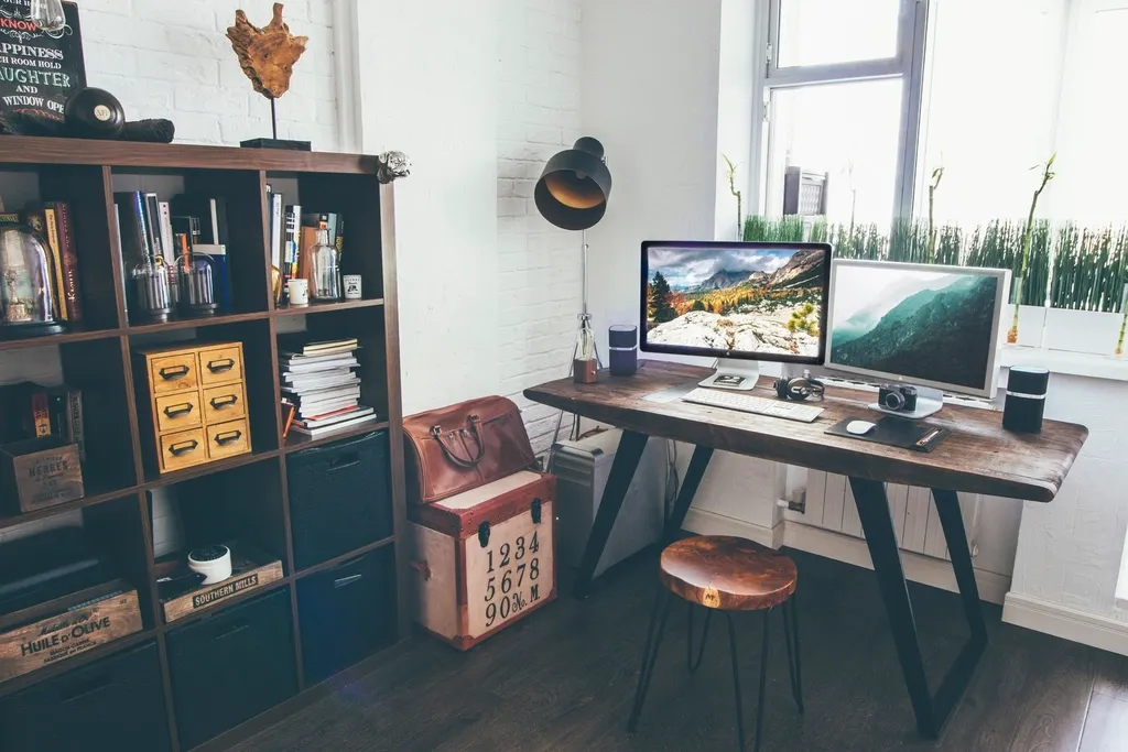 A tidy home office with two monitors on a wooden desk beside shelves of books and boxes