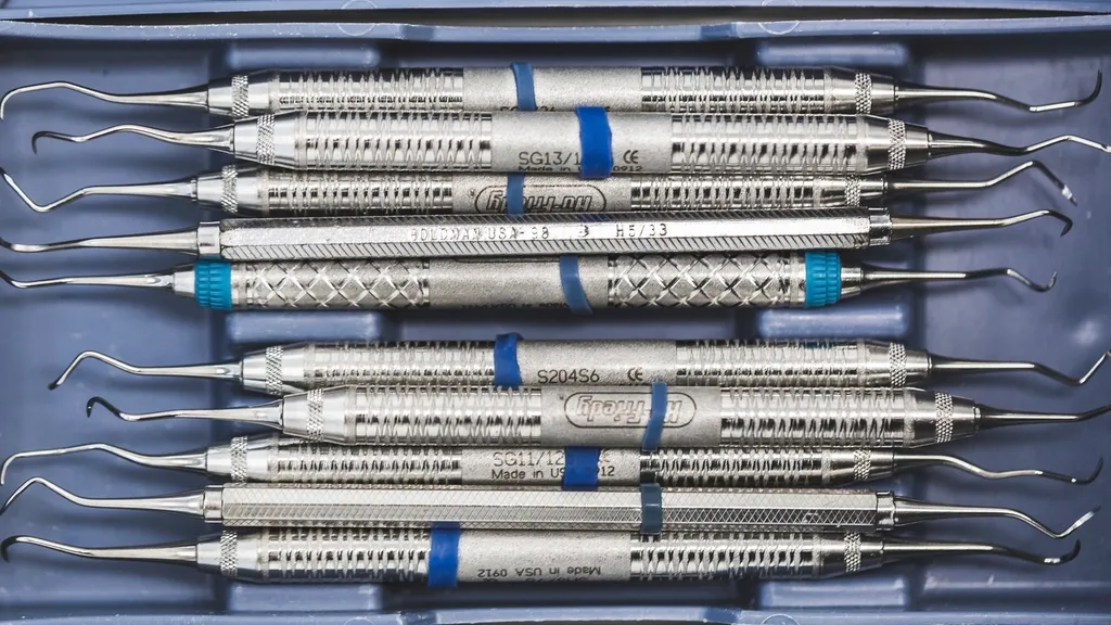 A row of stainless steel dental instruments lying in a blue tray