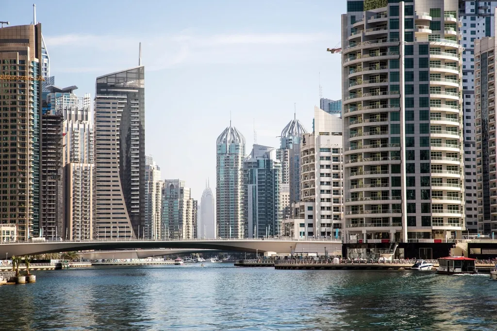 Residential towers and a road bridge over the water at Dubai Marina