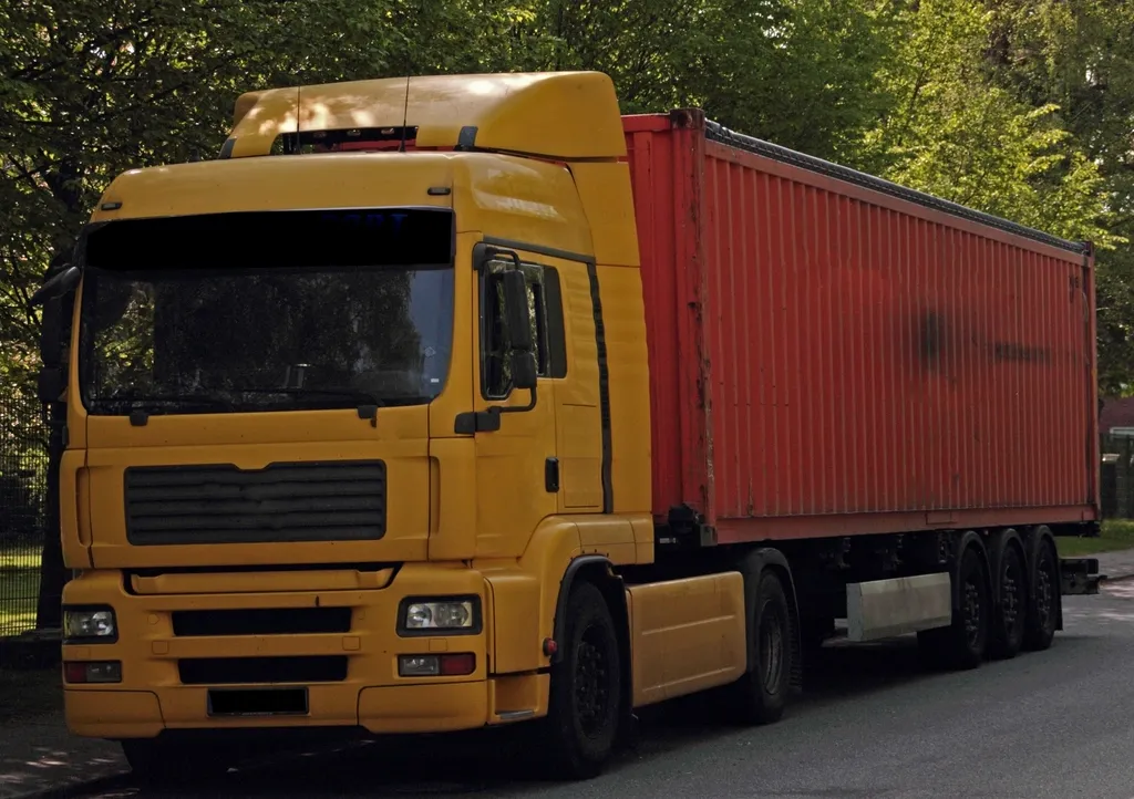 A yellow truck cab pulling a red shipping container on a tree-lined road