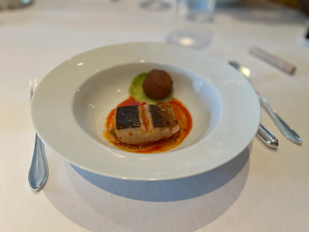 A plated fish fillet over red sauce in a wide white bowl on a white tablecloth